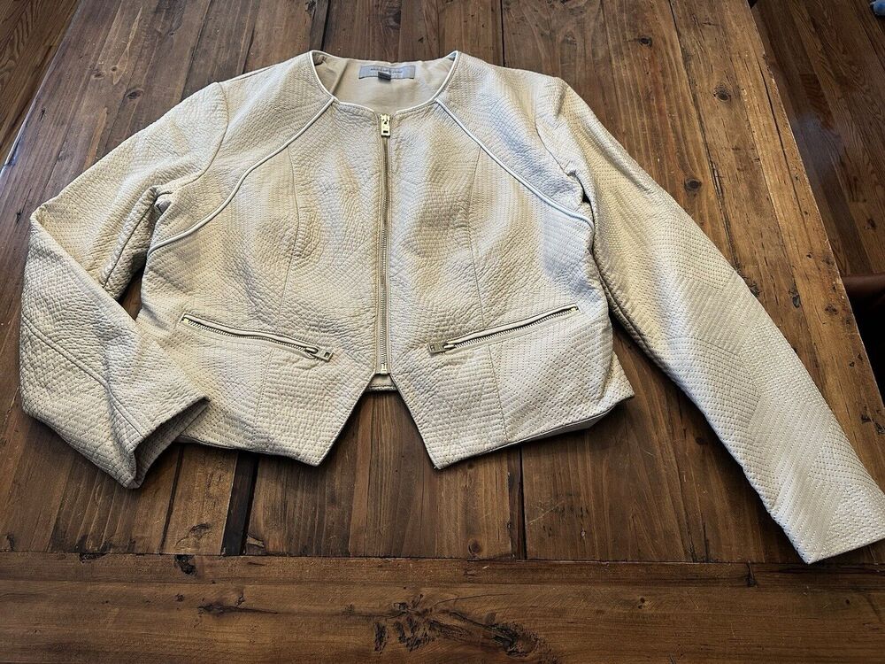 Andrew Marc New York Faux Leather Moto Jacket Ivory Size XL Edgy Sleek